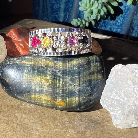 Vintage EMESCO Multi colored stones 14k white gold, ring - Picture 4 of 6